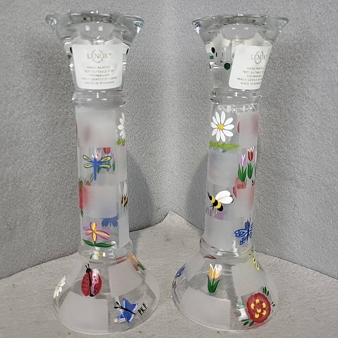 2 Lenox Candle Holders Glass Nature’s Splendor Hand Painted Bees Flowers bug