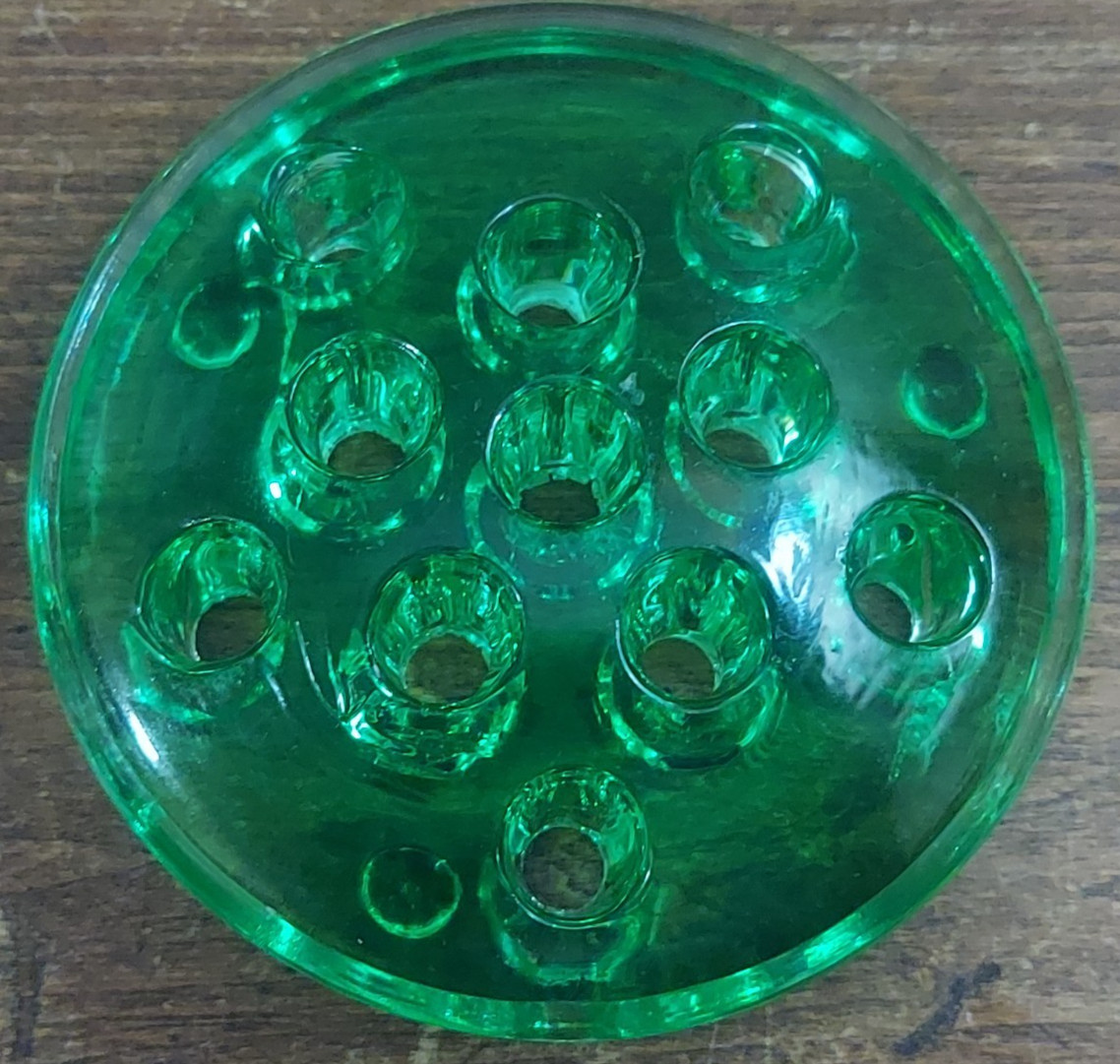 VTG Vaseline Uranium Glass 11 Hole Flower Frog 3″ UV Glowing 3.25″ Depression