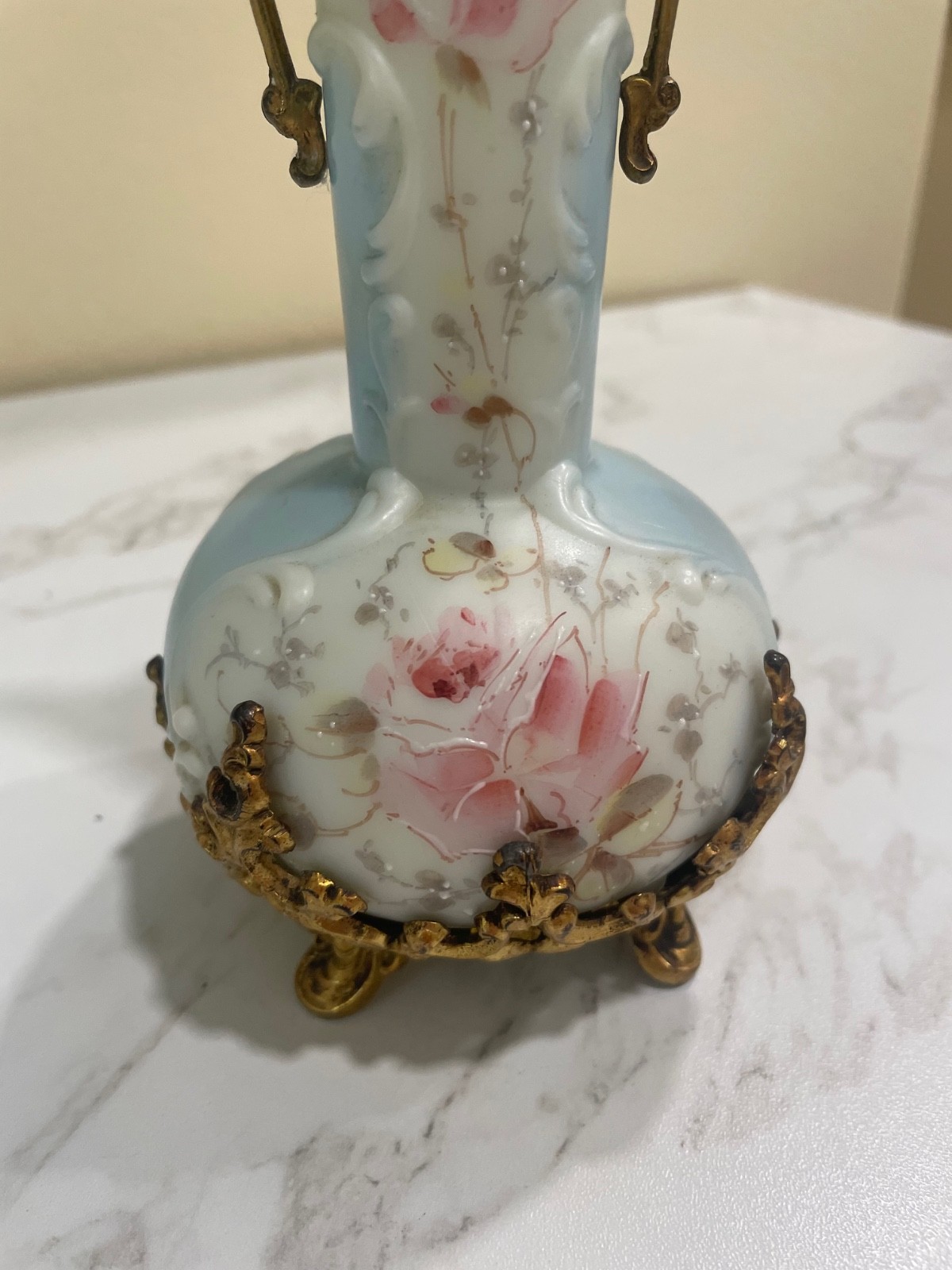 Wave Crest Art Glass Vase 8″ Tall Floral enamel with brass