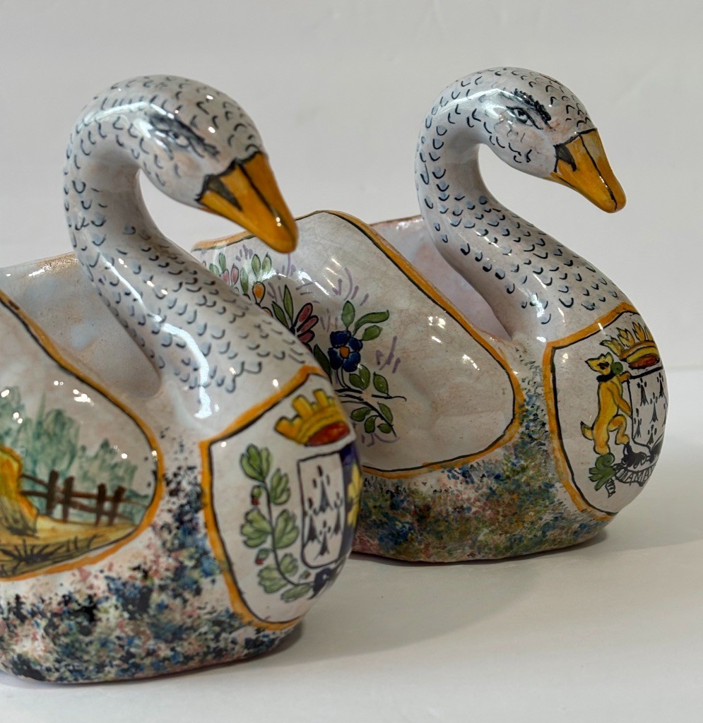 Antique Pair Malicorne Faience Swan Cachepots LD Leroy Dubois French Pottery