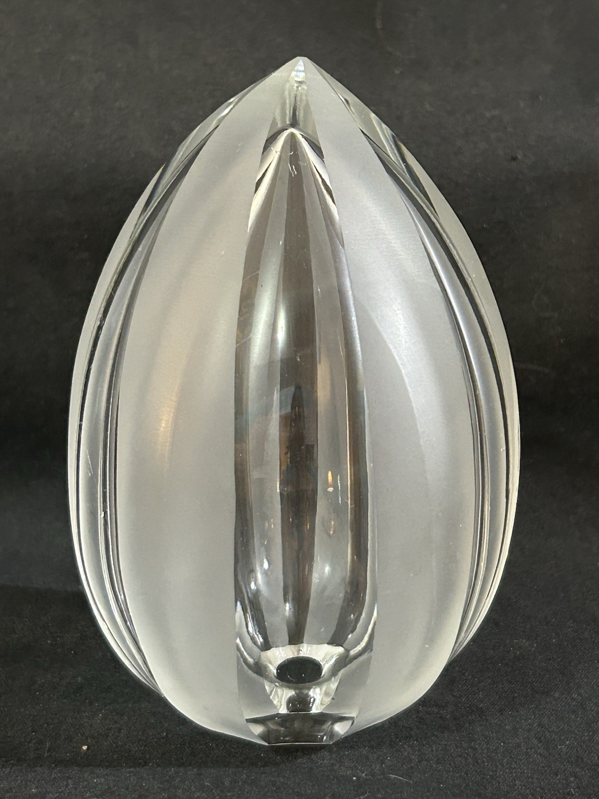VTG Egg Shaped Glass Paperweight With Vertical Panels Of Clear And Satin Finish