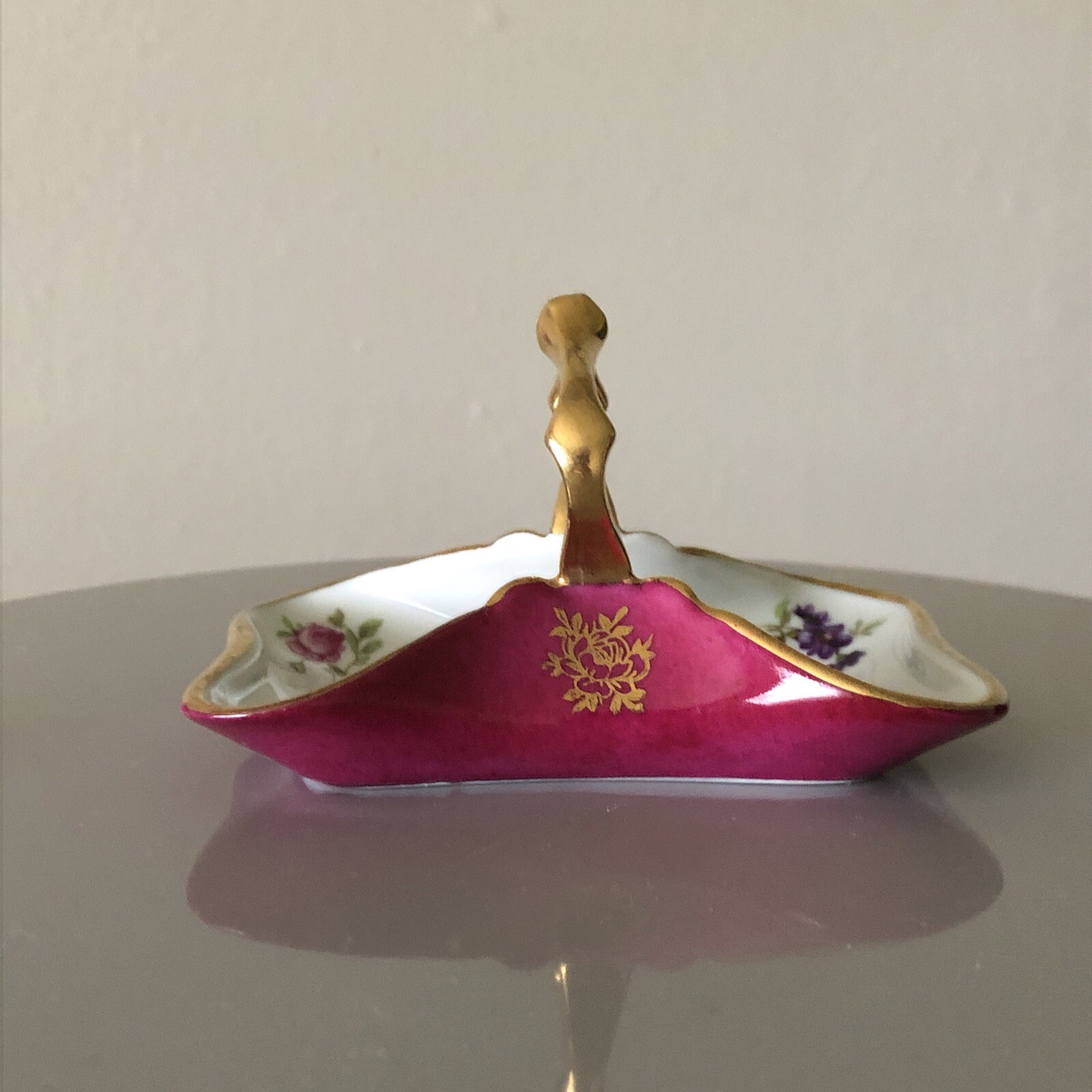 Limoges Castel France Porcelain Trinket Dish Handle Pink Gold matches dollhouse