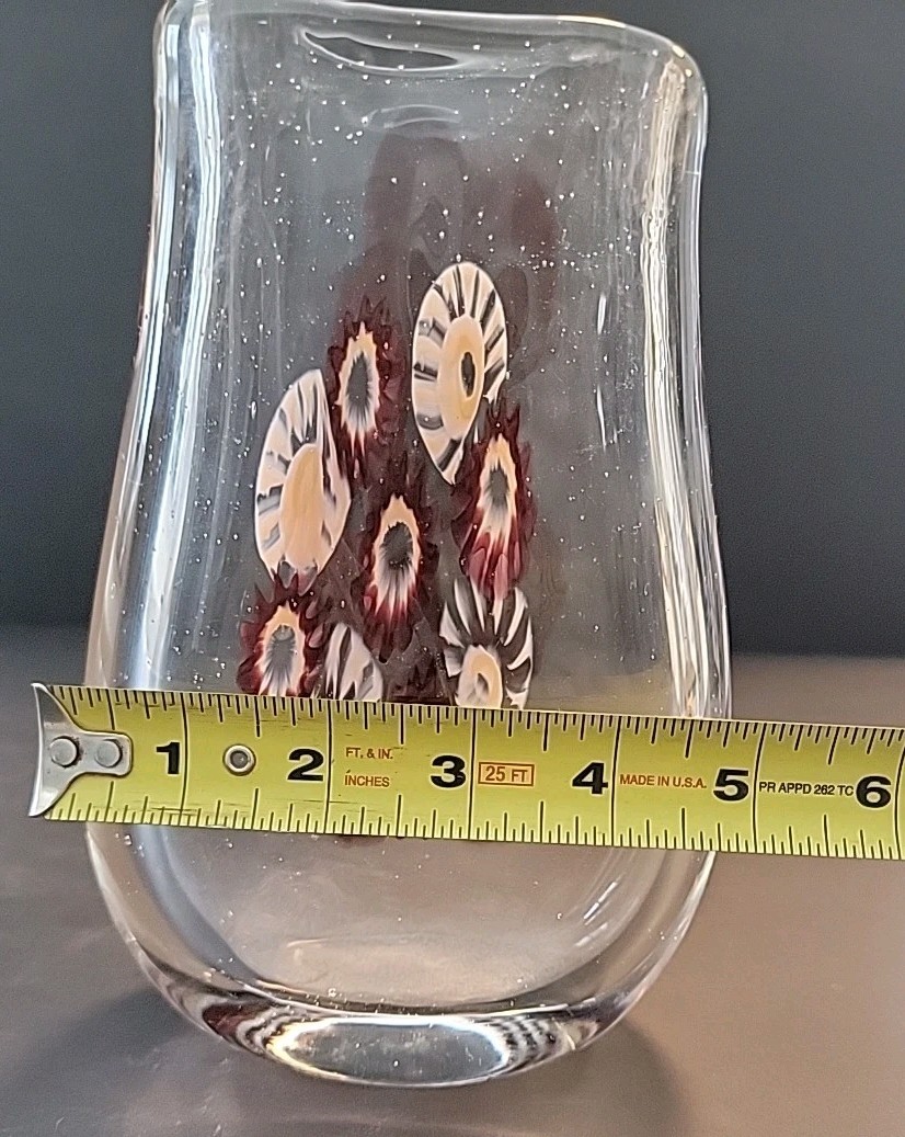 Art Glass Abstract Vase Sculpture Clear Glass Pink & Burgundy Flowers And Waves