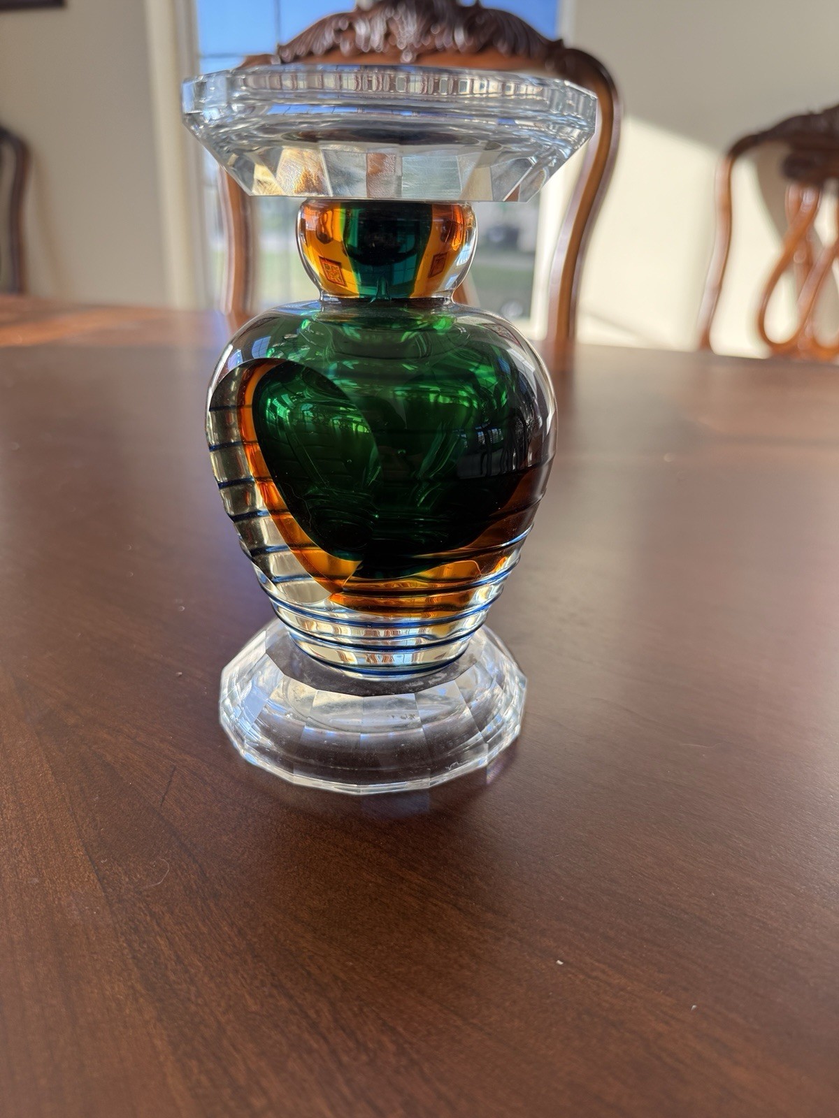 Fifth Avenue Crystal Faceted Clear, Green and Orange Art Glass Candle Holder