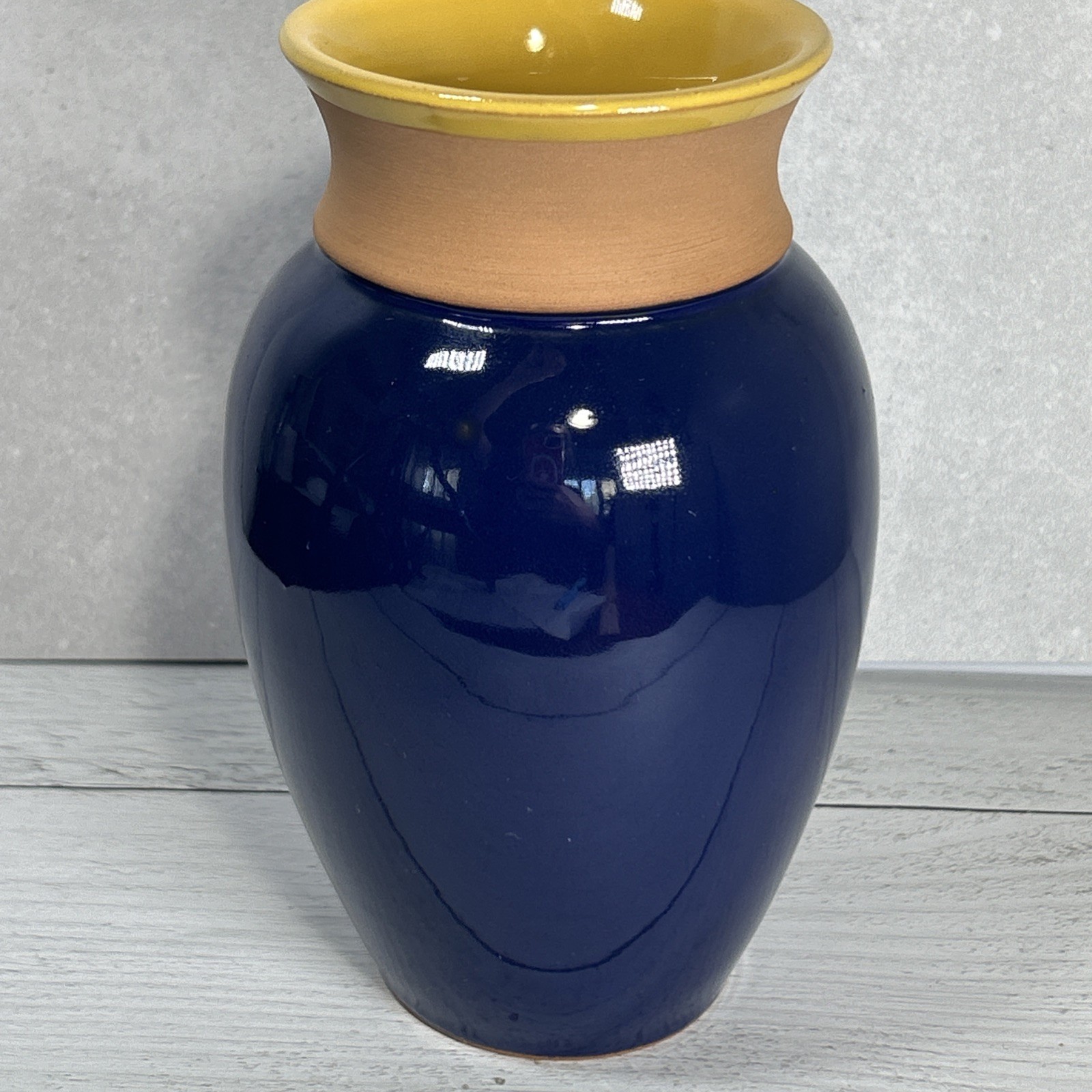 Vintage Studio Clay Vase Artisan Cobalt Blue Yellow Trim Nautical Beachy 6.5 in