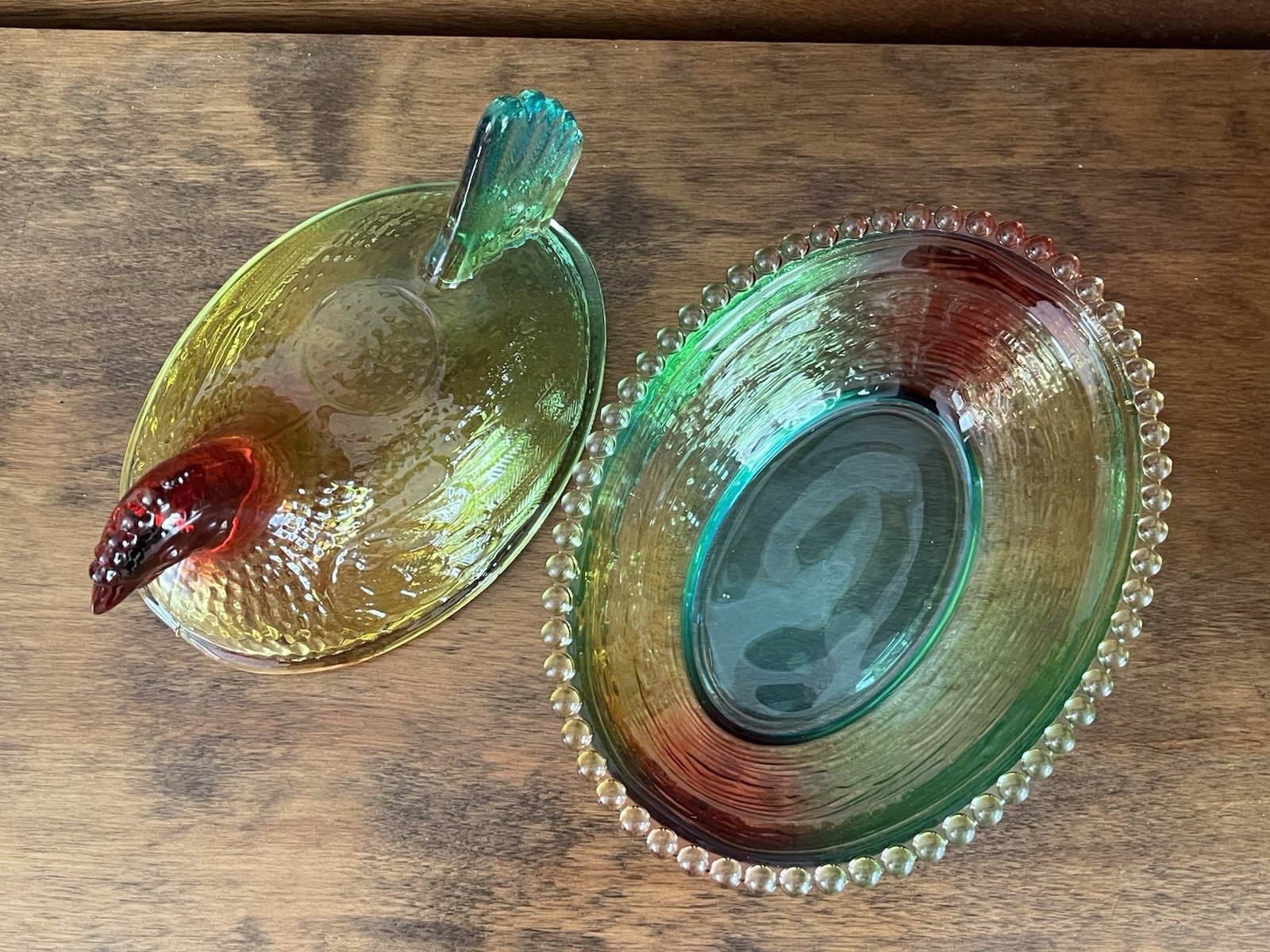 Glass Hen On Nest Multicolor Beaded Edge 7 X 5 1/2