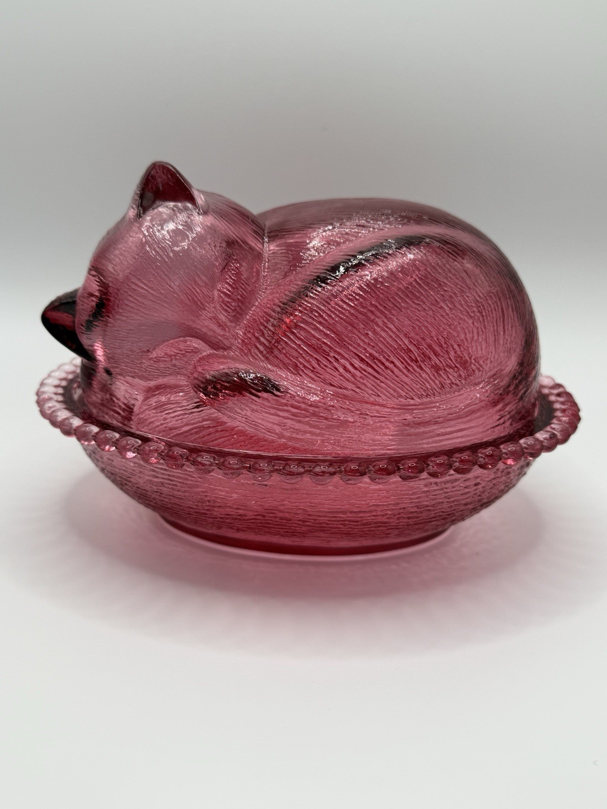 Vintage Sleeping Cat On Nest Indiana Glass Cranberry Pink Candy Dish