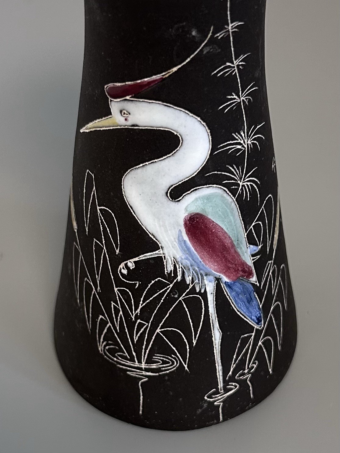 Vintage German Art Pottery Vase Black Hand Painted Heron Crane Signed Ratzeburg