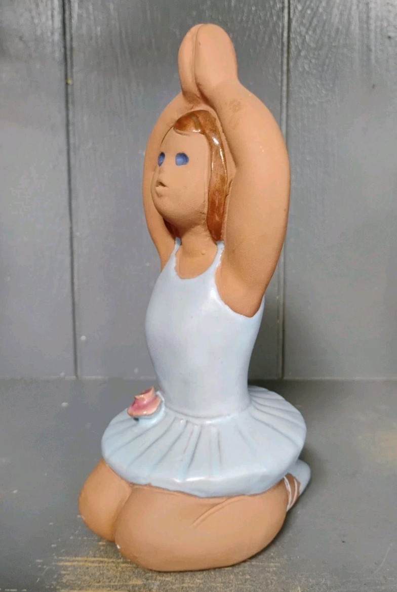 Jie Pottery Sweden Handcrafted Ballerina Brown Hair Blue Dress Rose Figurine