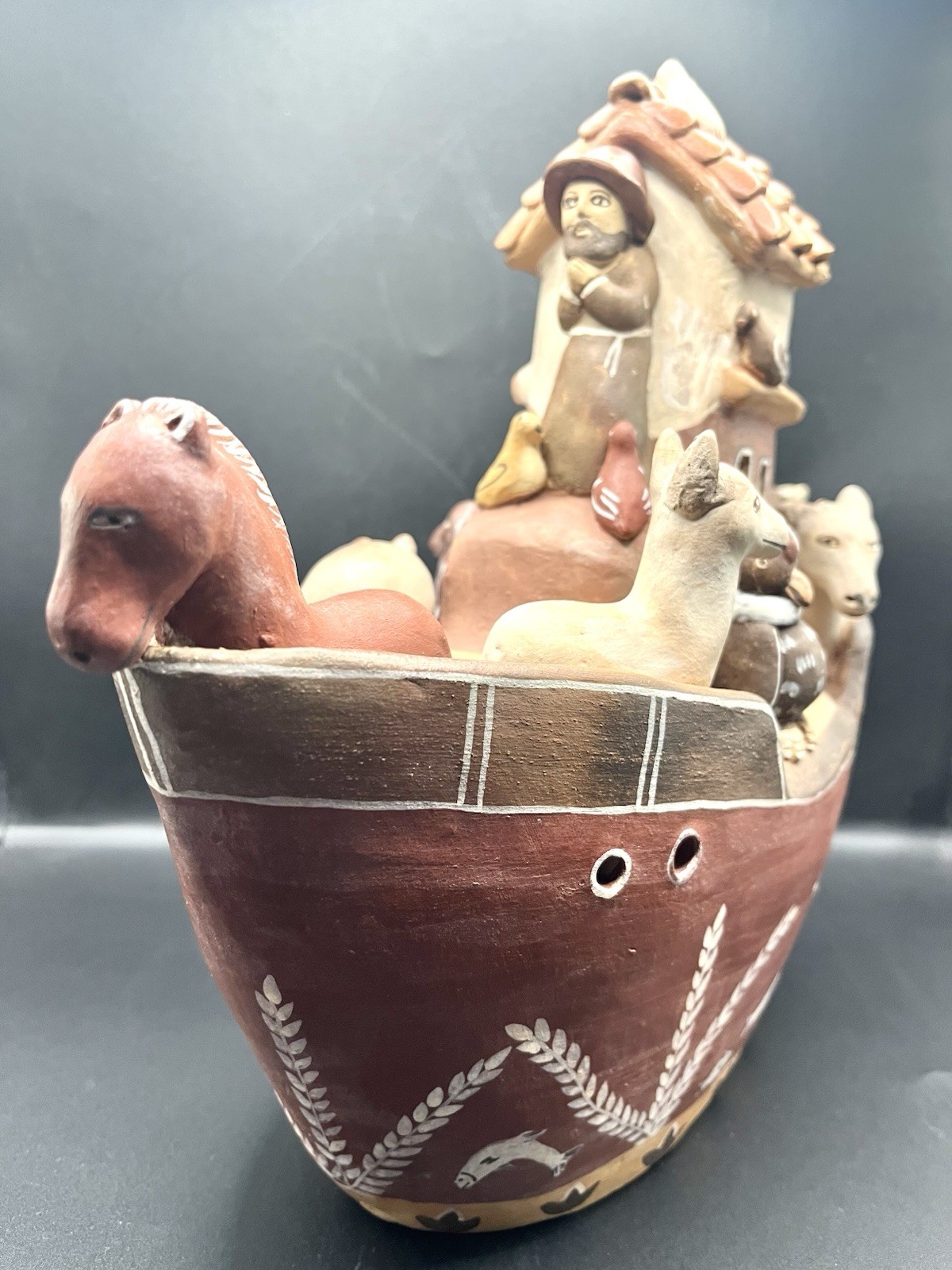 Vintage Peruvian Handmade Noahs Ark Pottery Sculpture Folk Art 10 3/4″ Tall EUC