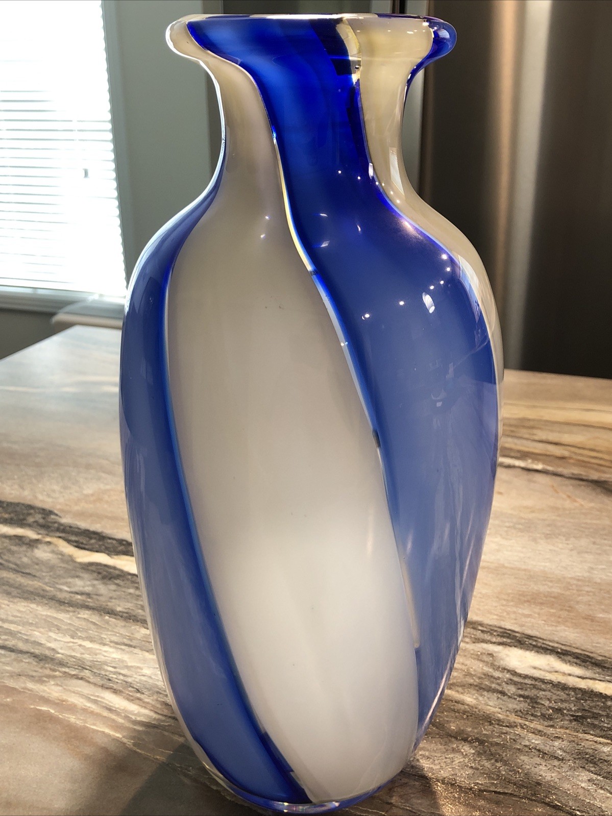 Murano Art Glass 14 Inch Tall Vase Blue White Clear Heavy 5 Lbs 14 Oz Perfect
