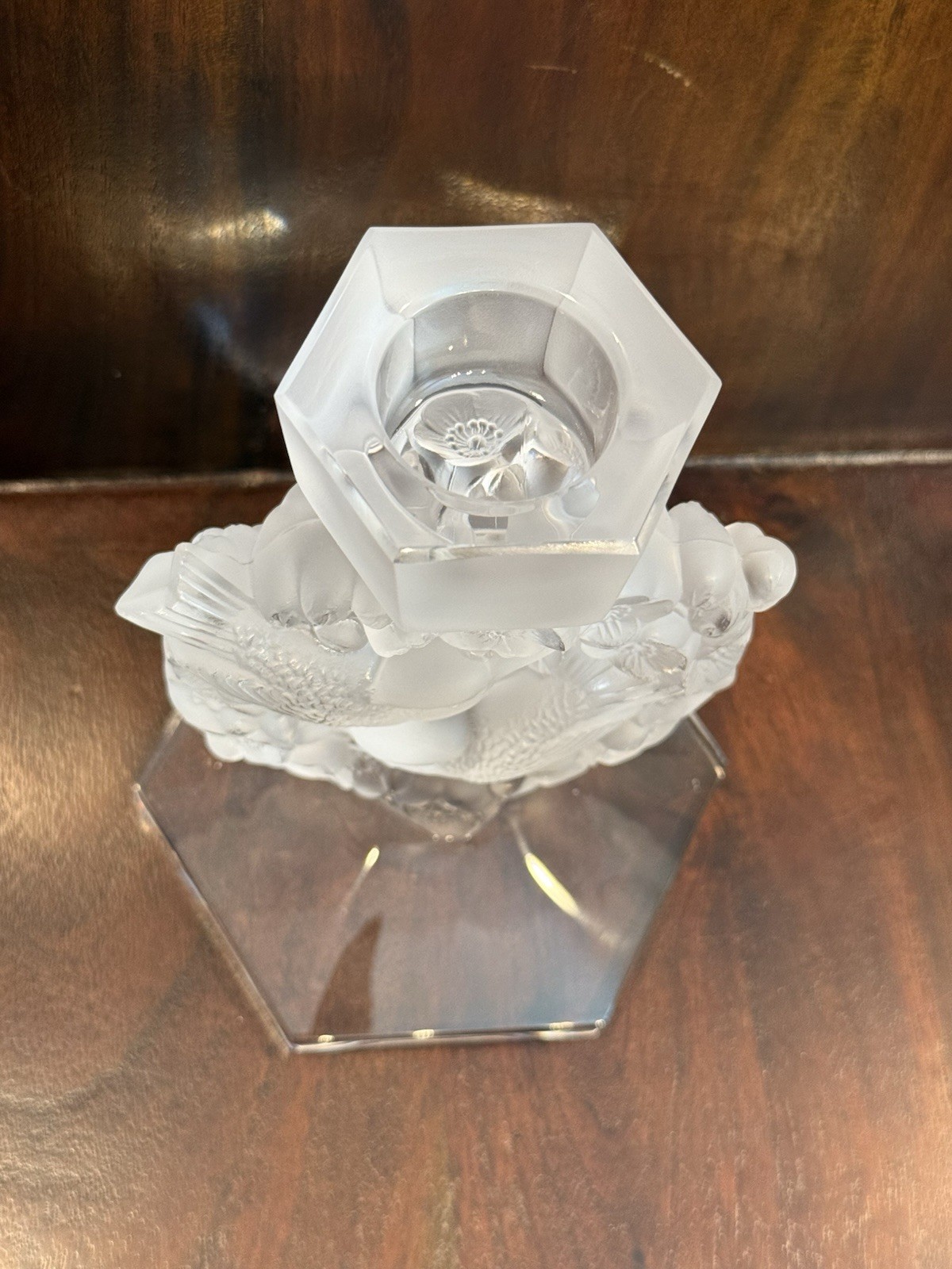 LALIQUE MESANGES FROSTED CRYSTAL CANDLEHOLDER BIRDS AMONG FLOWERS w/Bobeche