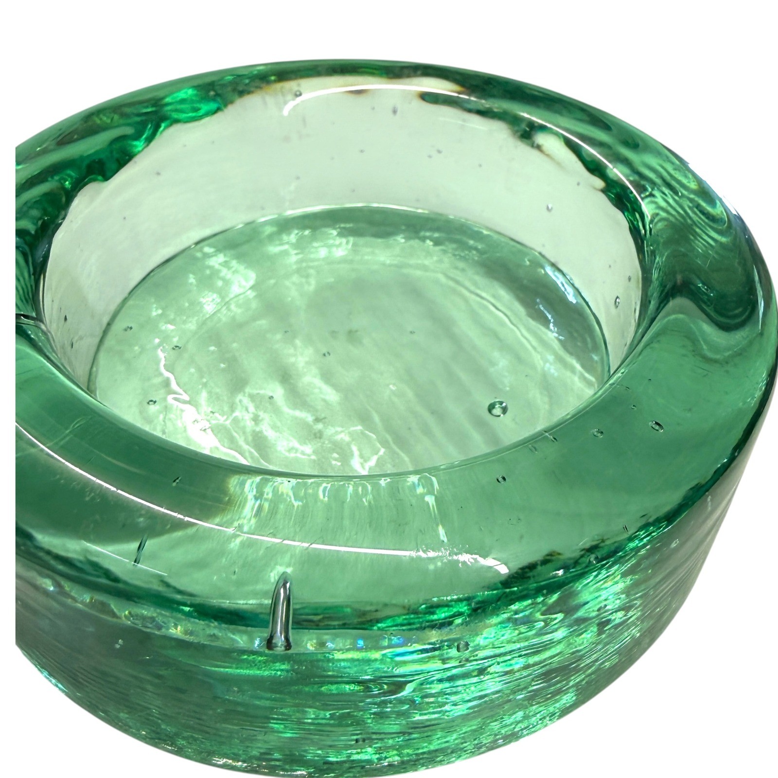 Unbranded Art Glass Trinket Dish Candle Holder Green Controlled Bubble MCM