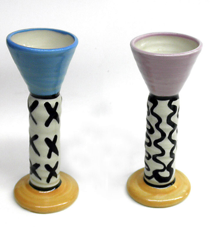Artist Signed Candlestick Holders Studio Art Pottery Abstract Colorful