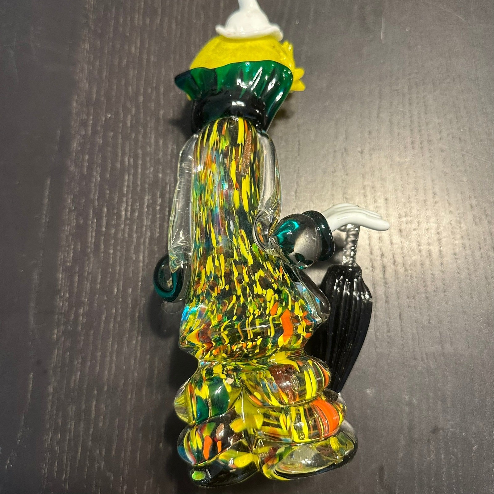 Murano Style Art Glass Clown Figurine with Umbrella Yellow Hair Millefiori 8in