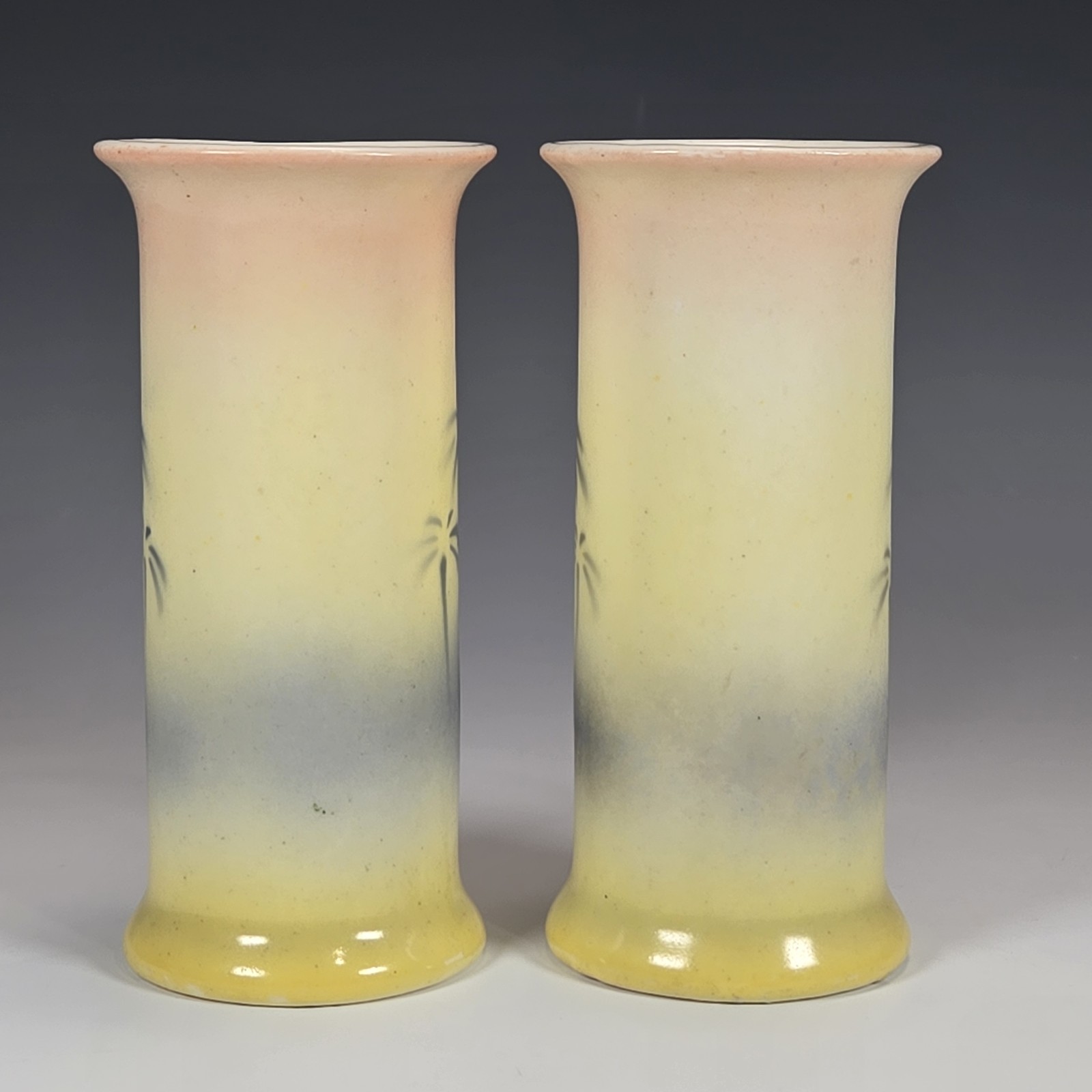 Czech Pottery Bud Vases Desert Scene Camels Hand Painted Porcelain Antique 1920s