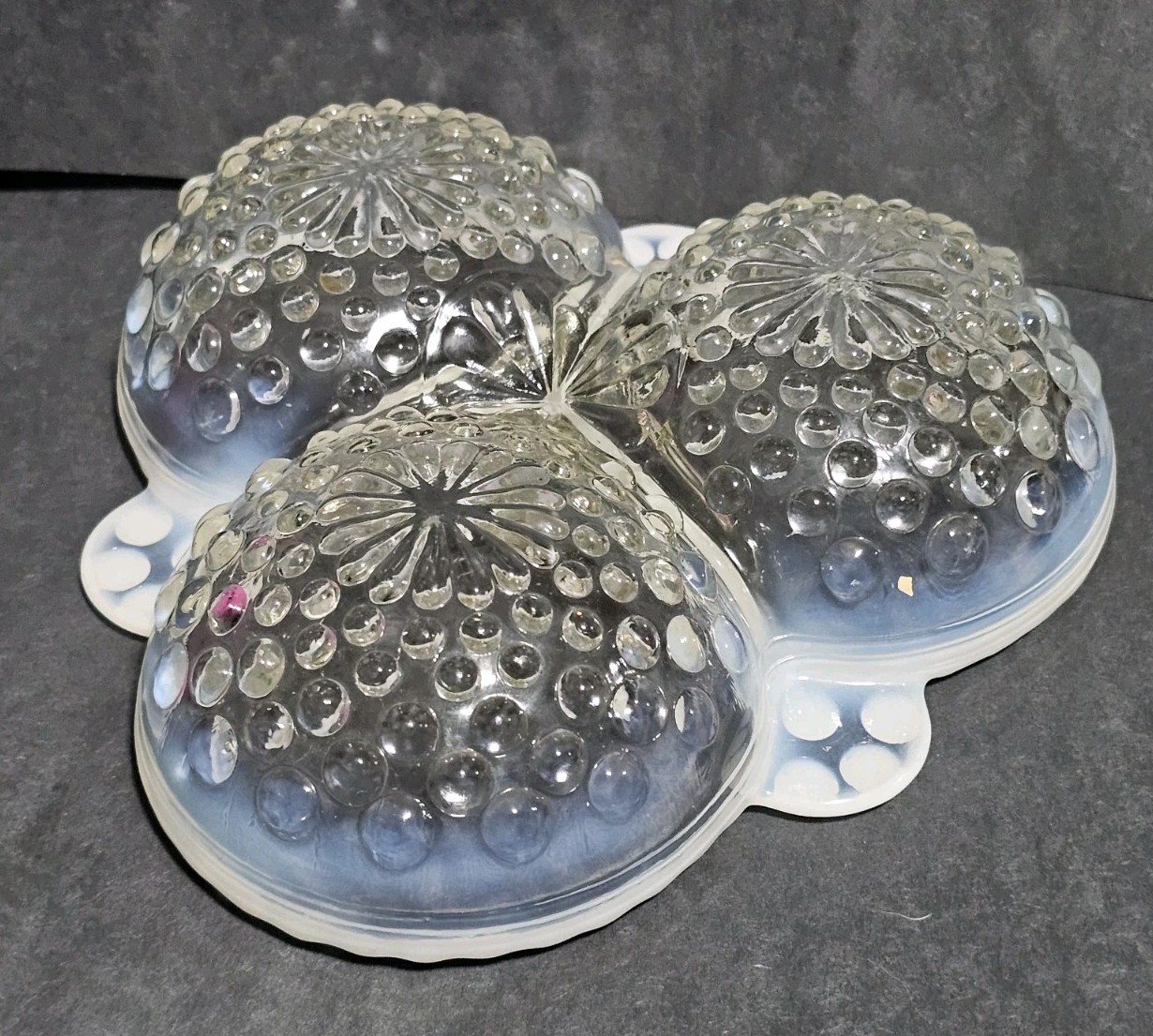 3 Moonstone Opalescent Hobnail 2-5.5″ Bud Vases 3 Divide Dish Anchor Hocking