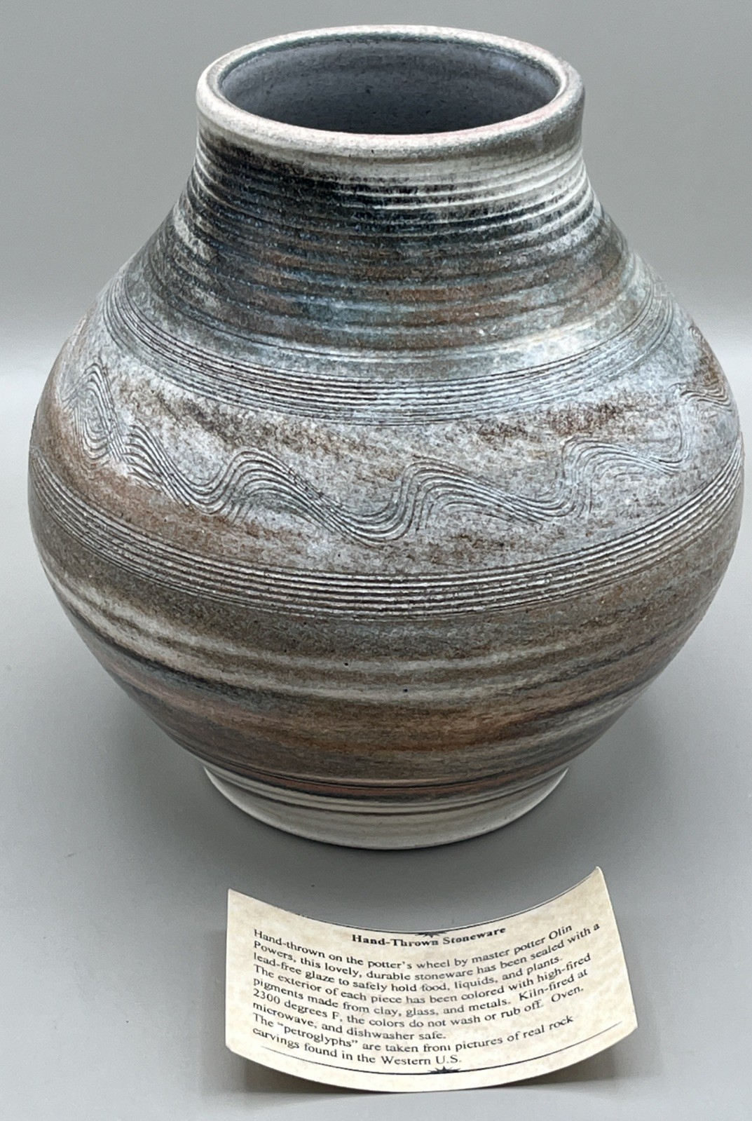 Vtg Olin Powers Signed Studio Art Pottery Handthrown Vase AZ Petroglyph 06
