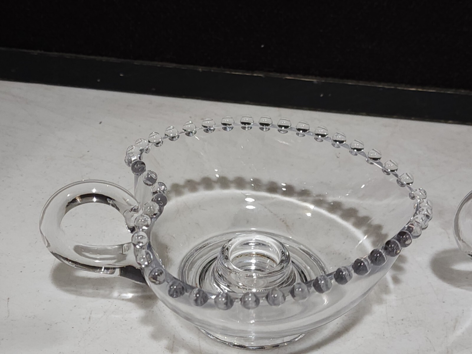 Pair of HTF Imperial Clear Glass Candlewick HEART Shaped Handled Candle Holders