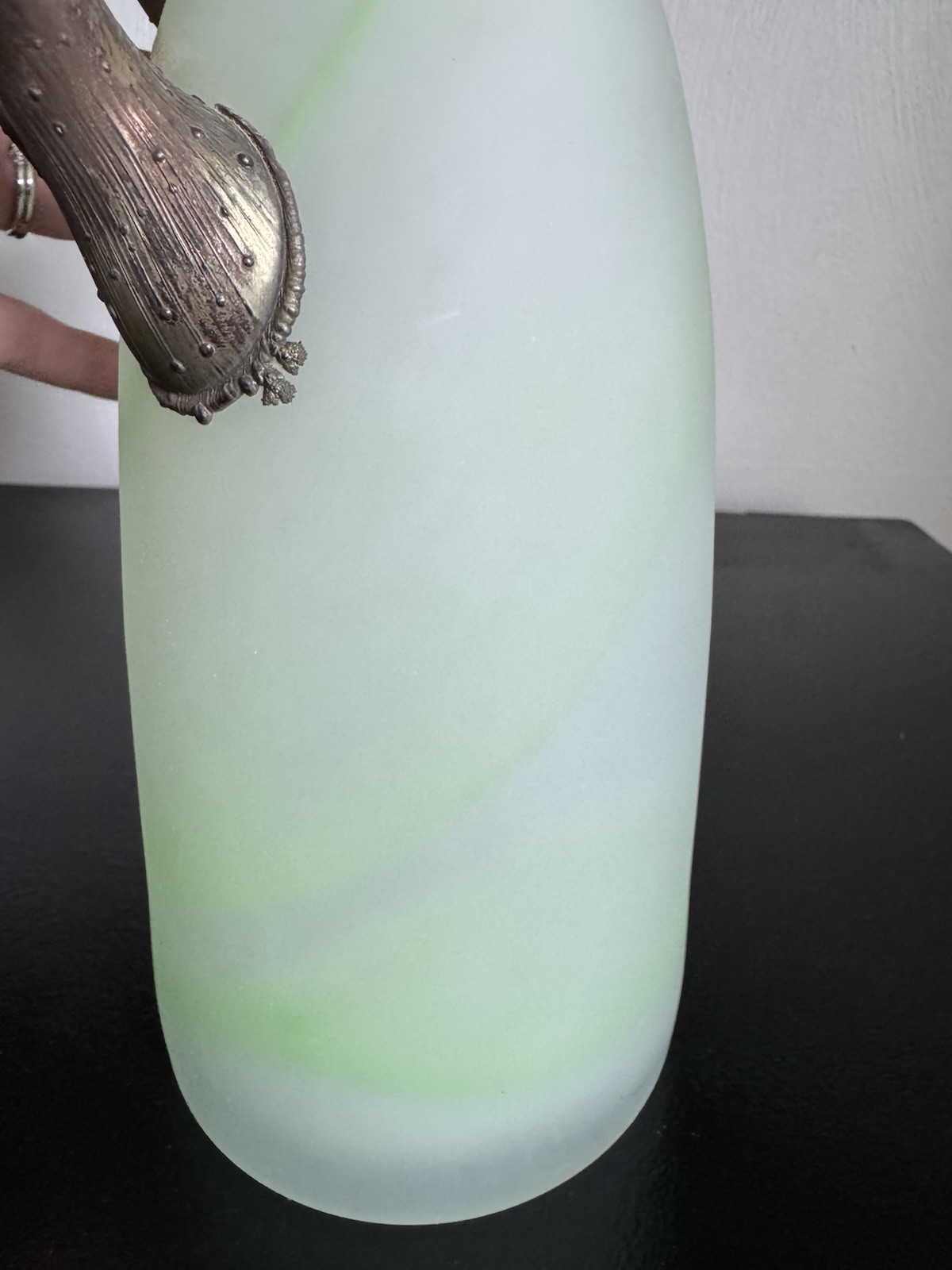 ROMBLASZNA Frosted Swirl Art Glass Vase w/ Metal Handles Romania White/Green