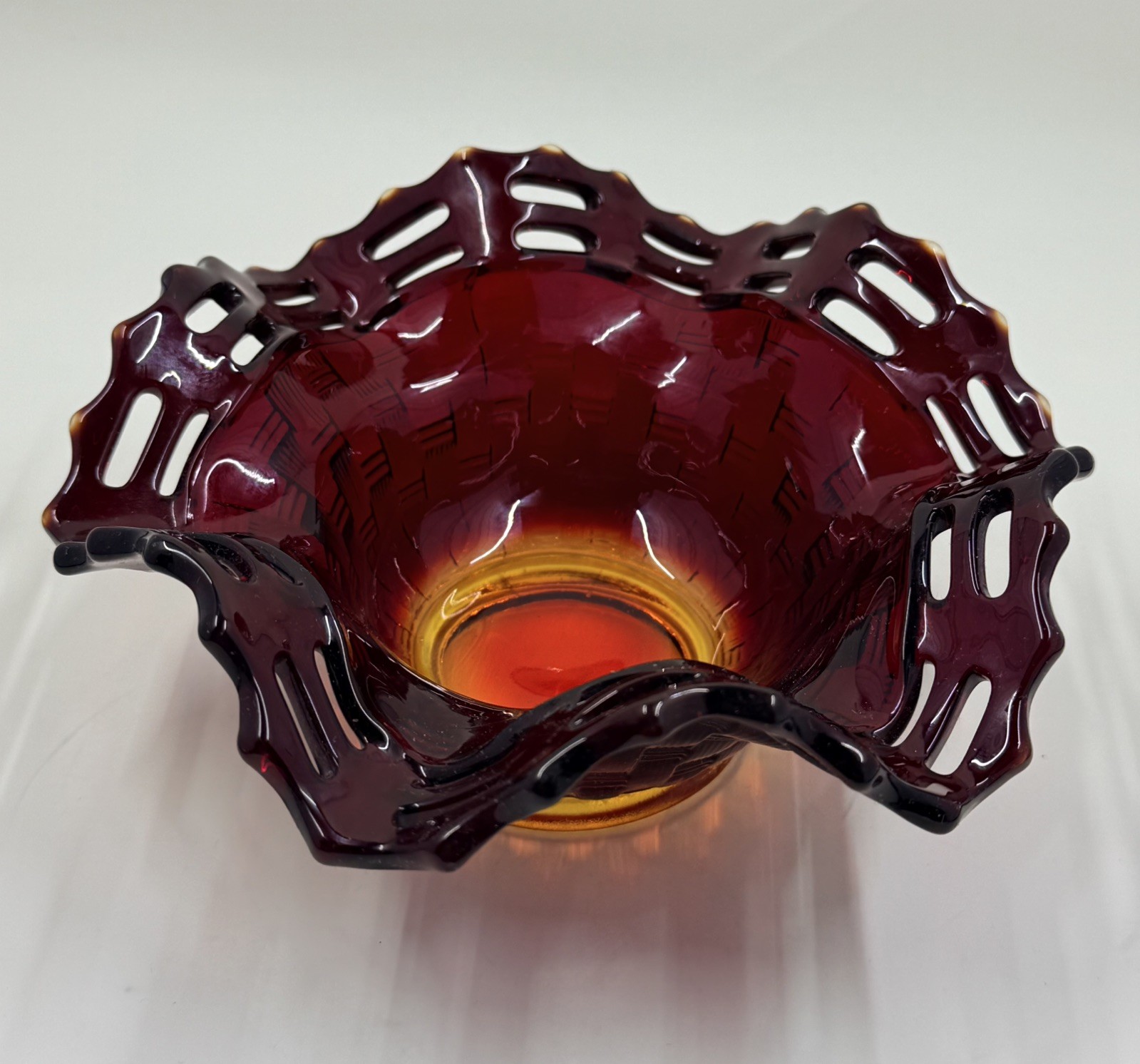 VTG Fenton Ruby Red 2 Row Open Edge Basketweave Pattern Ruffled Top Basket