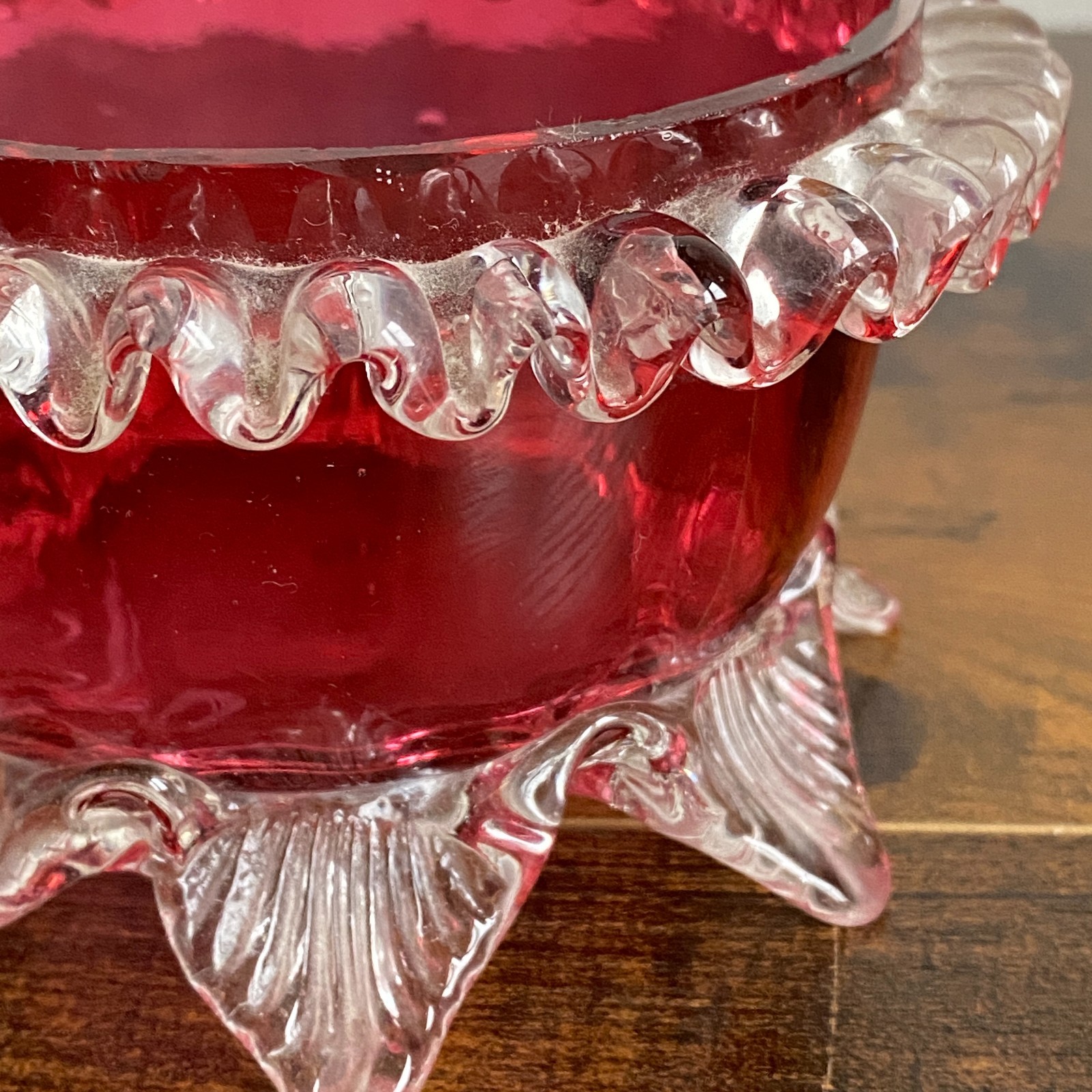 Antique Victorian Leaf Footed Cranberry Glass Candy Bowl Ruby Trinket Dish 14cm