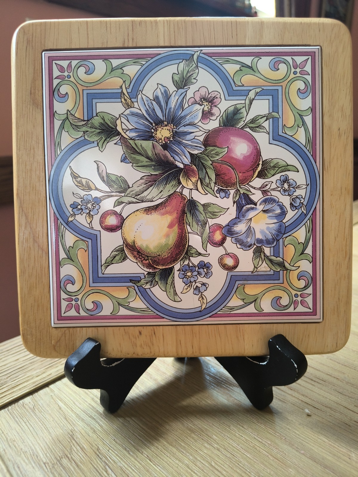 Vintage Ter Steege Holland Framed Ceramic Tile Plaque Trivet Fruit Floral 7 3/8″