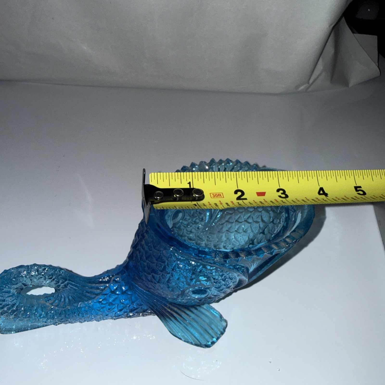 Teal Blue gGlass Fish Container Koi Shaped *No Lid Scale Pattern Rare