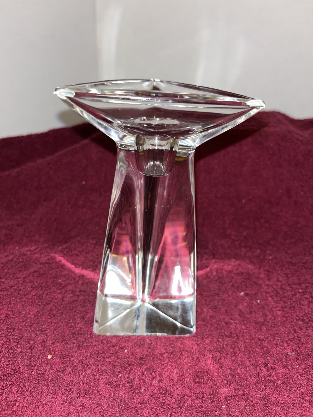 Signed Val St Lambert Tricorne Crystal Candlestick Holder 6” X 2.5”