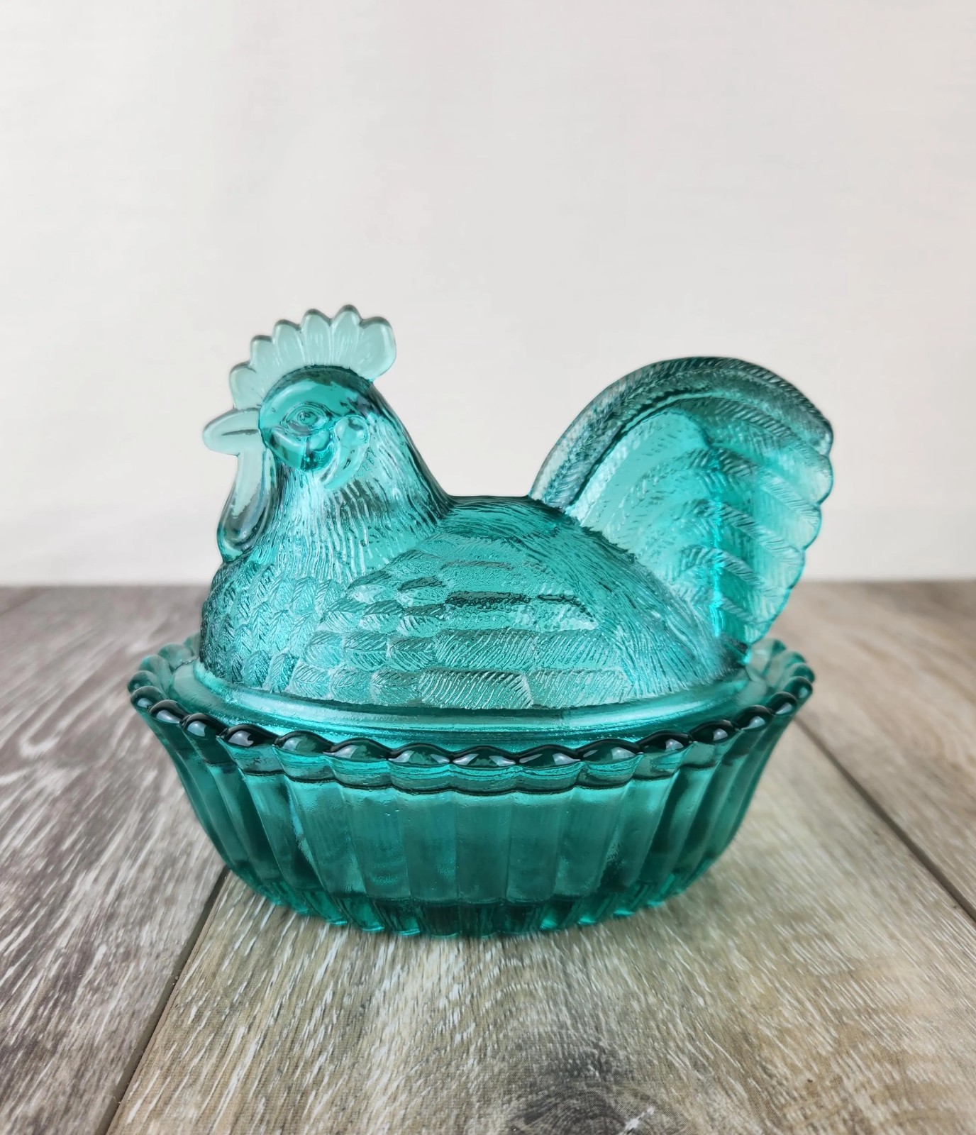 Teal Blue Glass Rooster on Nest Candy Dish – Chicken on Basket Dish 5.5”