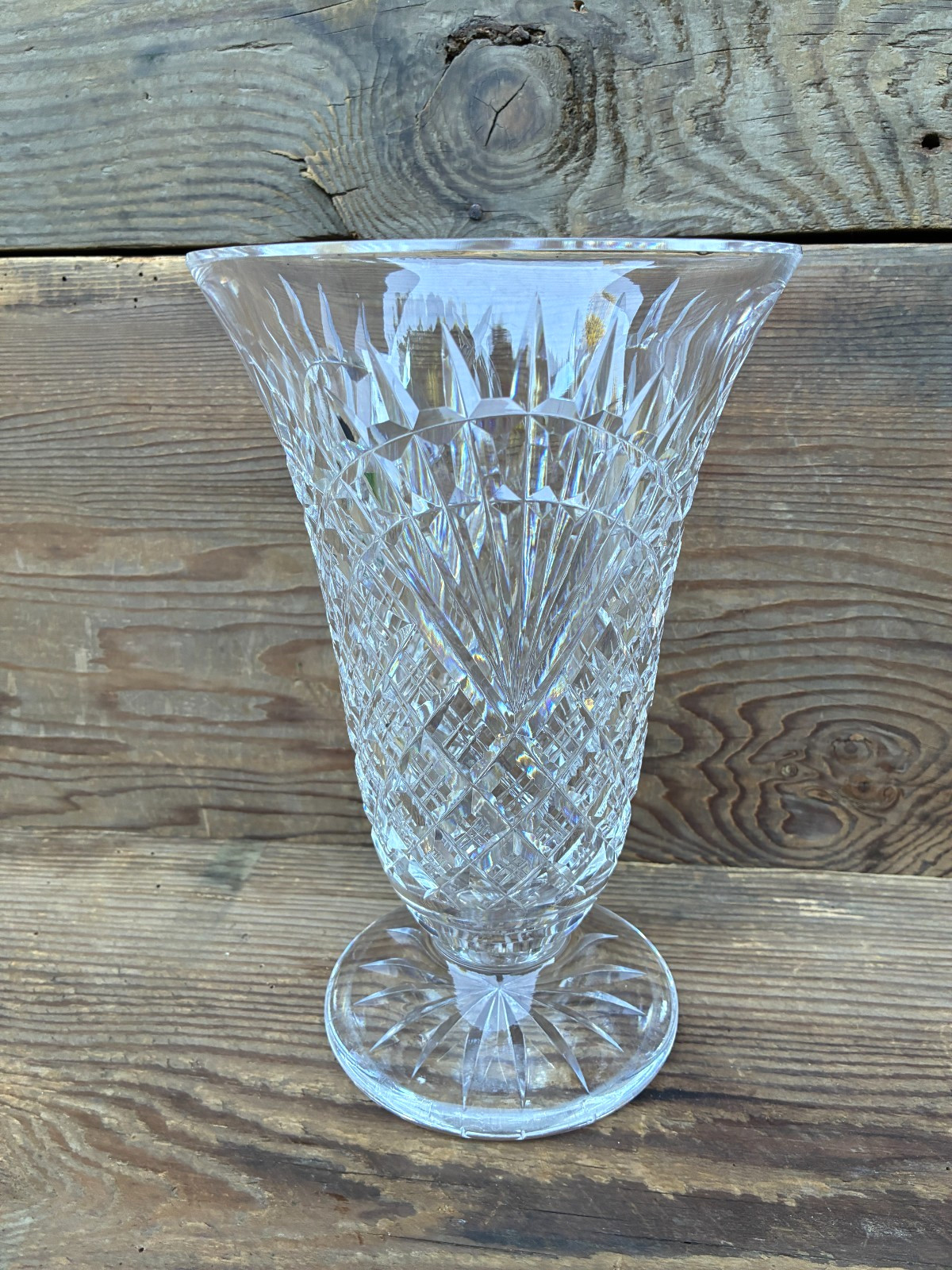 Vintage WATERFORD 10” Cut Crystal Fan Footed Flower Vase SIGNED Gothic Mark