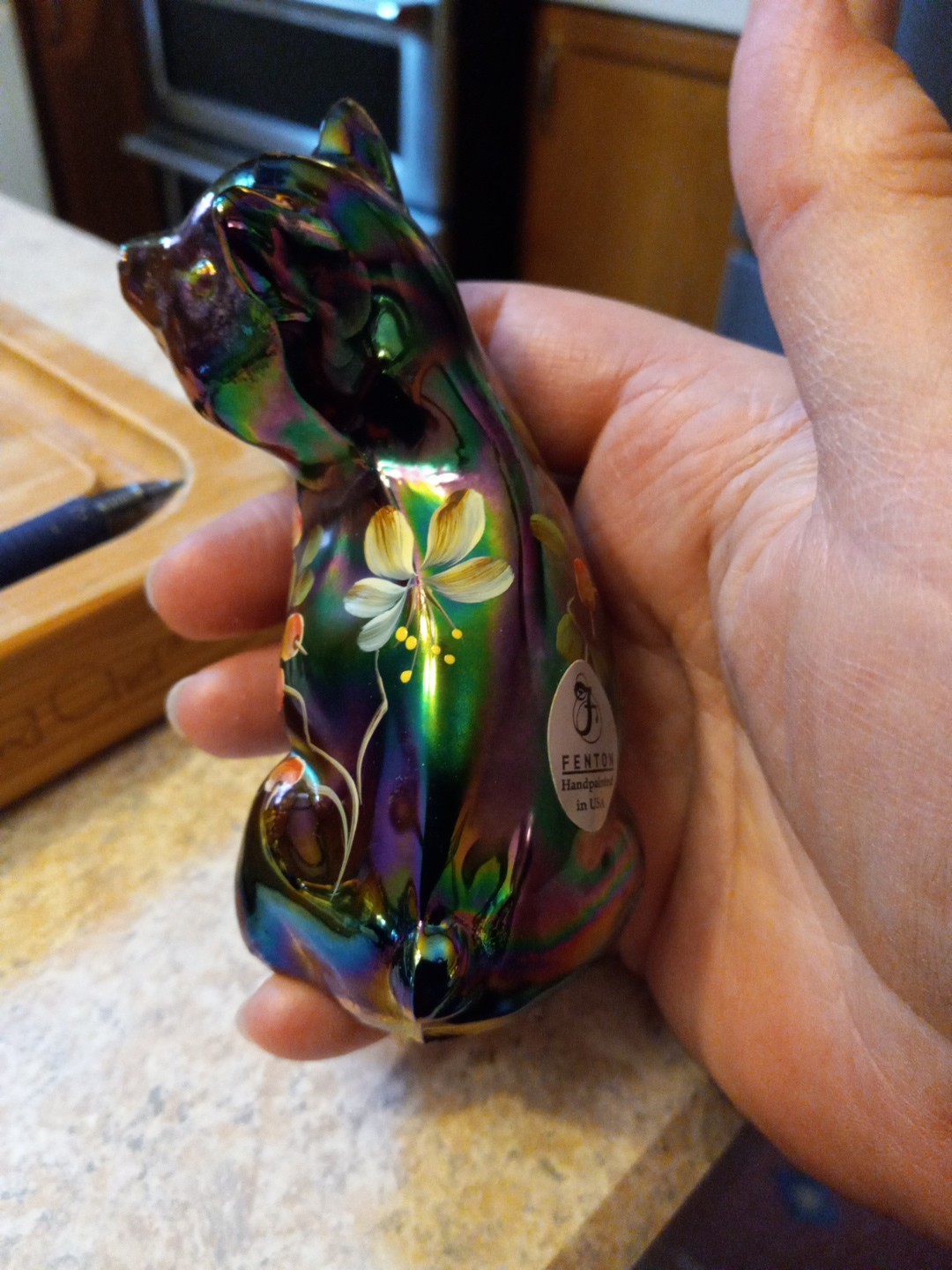 FENTON PIG PURPLE Plum AMETHYST CARNIVAL GLASS Painted SIGNED J Powell Paper TAG