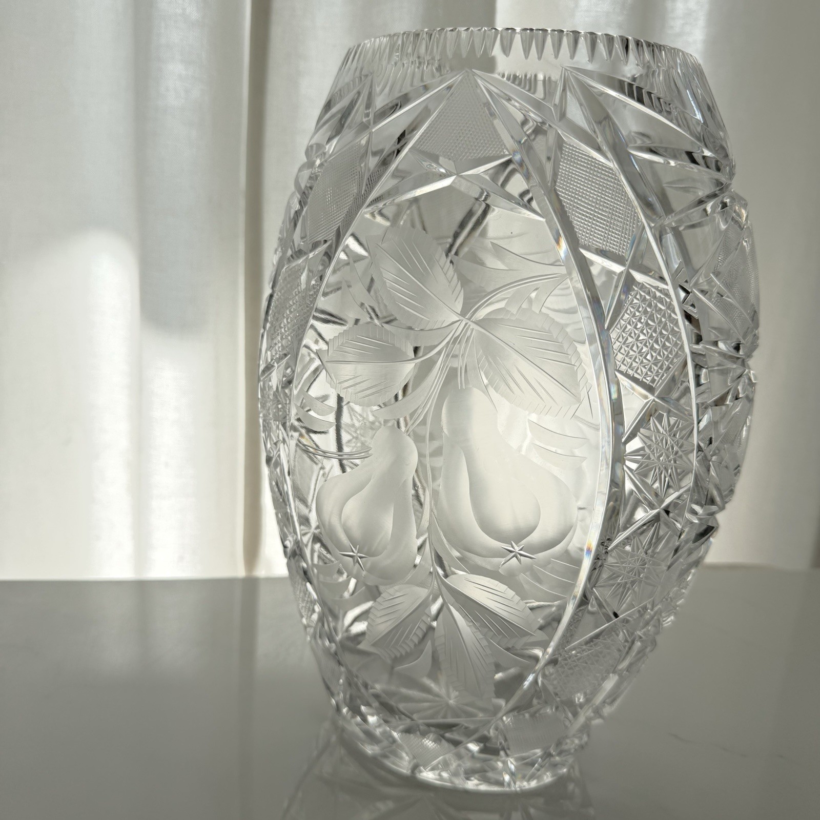 Vintage Heavy Cut Lead Crystal Vase Etched Pear Fruit Bohemian 10.5” Tall Europe