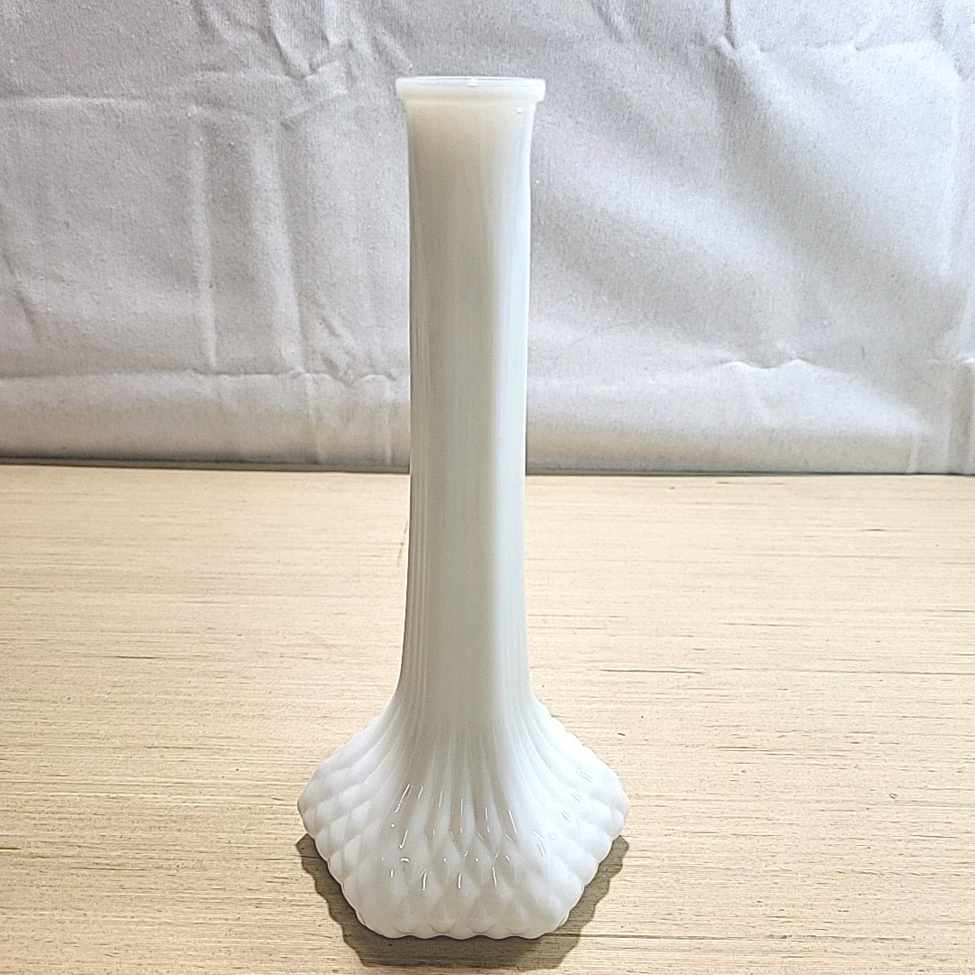 Vintage Hoosier Milk Glass Bud Flower Vase in Diamond Cut Quilt Pattern Design