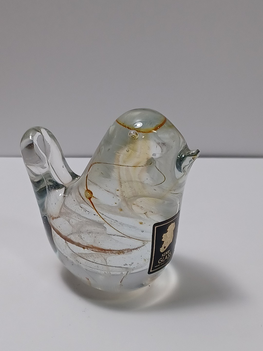 Kerry Glass Art Glass Bird Swirl Of White Yellow Brown Made in Ireland JGBX28