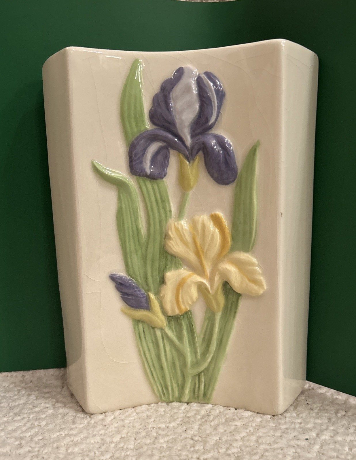 VTG Unique Curved Studio Pottery Iris Vase – Handmade Ceramic Floral Relief 1986