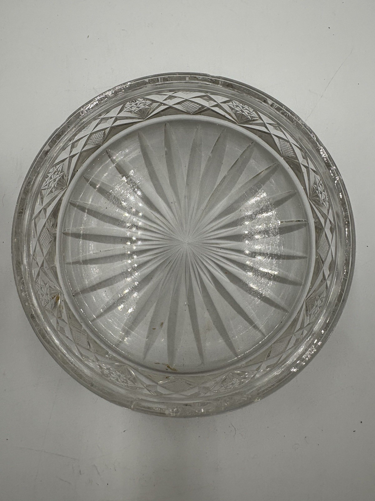 Clear Cut Glass Round Lidded Decorative Trinket Box Geometric Pattern 3 1/4 inch