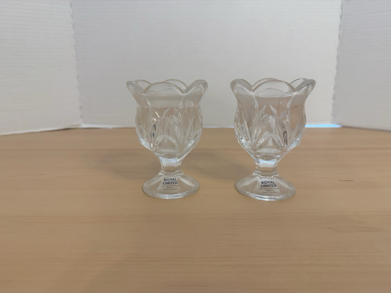 Qty 2 Royal Limited crystal Tulip Vase. 24% Full Lead. Czech Republic . 4” Tall