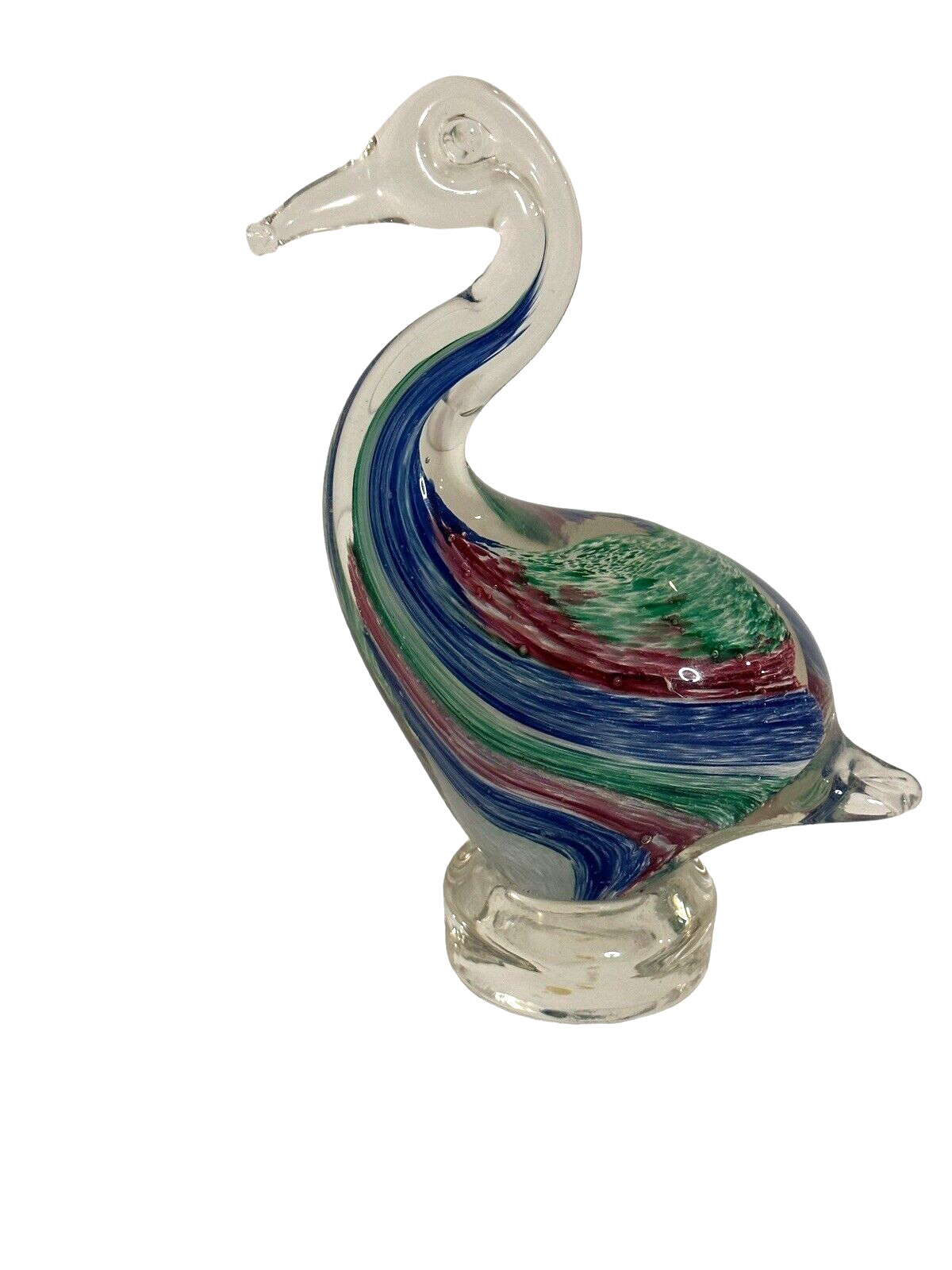 Glass Goose Figurine Colorful Waves Paperweight Pedestal 6 inches