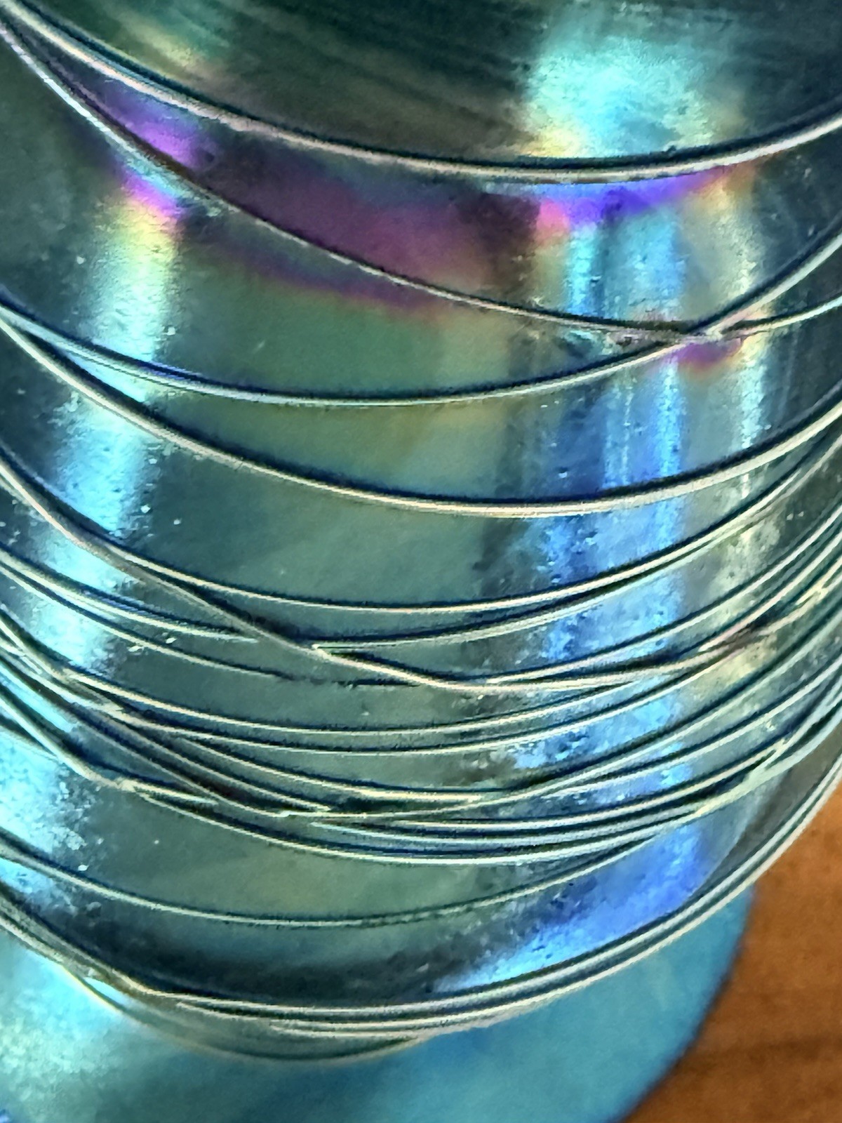 Signed Oakbrook Esser Threaded Blue Iridescent Art Glass Vase 1989