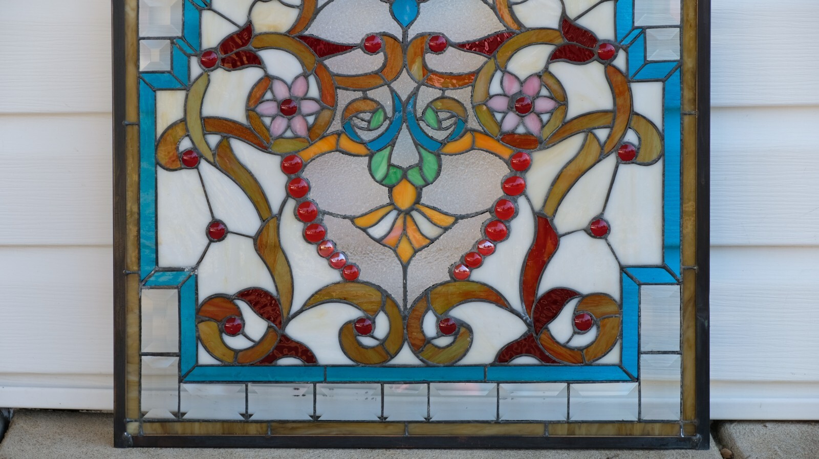 20.5″W x 34.5″H Handcrafted Jeweled stained glass window panel.