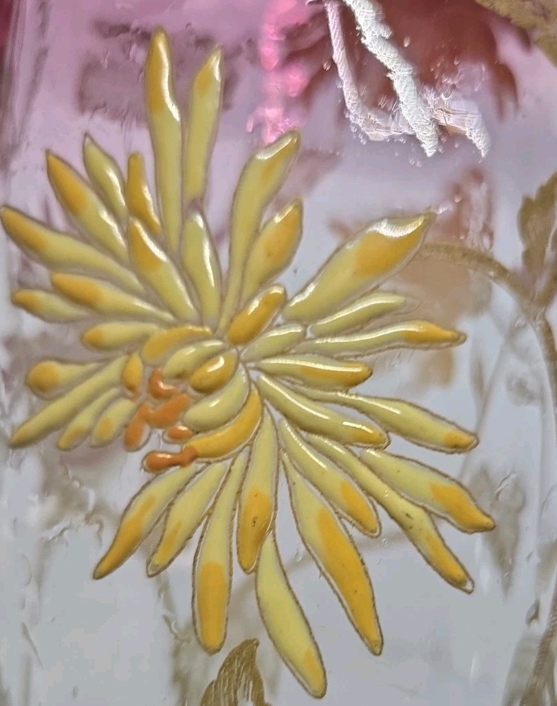 ANTIQUE LEGRAS ENAMELED MT JOYE ST. DENIS CHRYSANTHEMUM DECOR RUBINA GLASS VASE