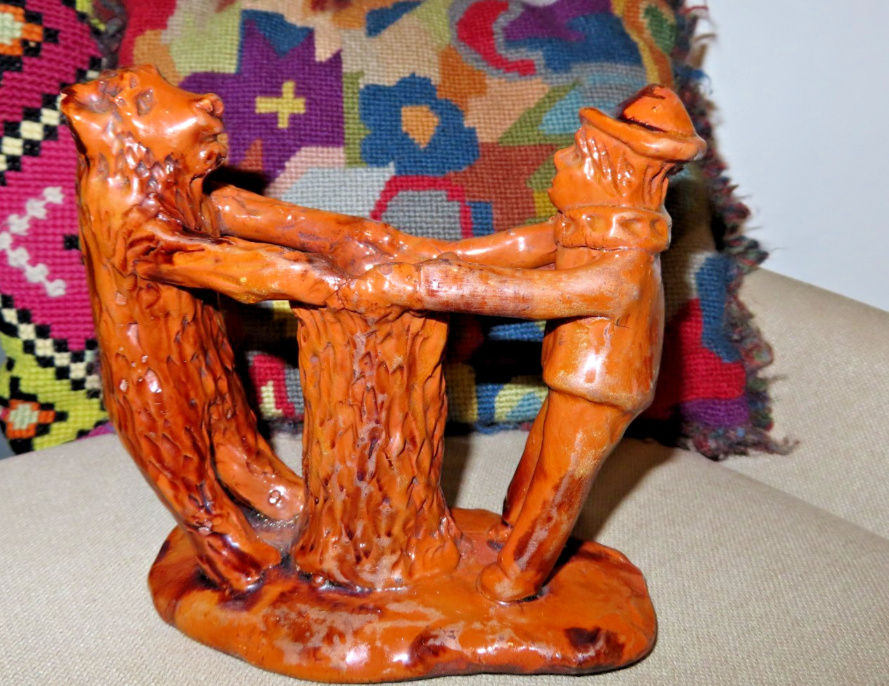 Vintage Turtle Creek Pottery Stoneware signed Cathy Gatch Man & bear tug o war