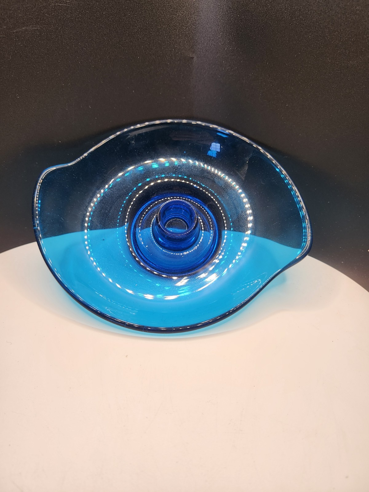 Vintage Viking Mid Century Blue Glass Modern Candle Stick Holder Bowl Epic MCM