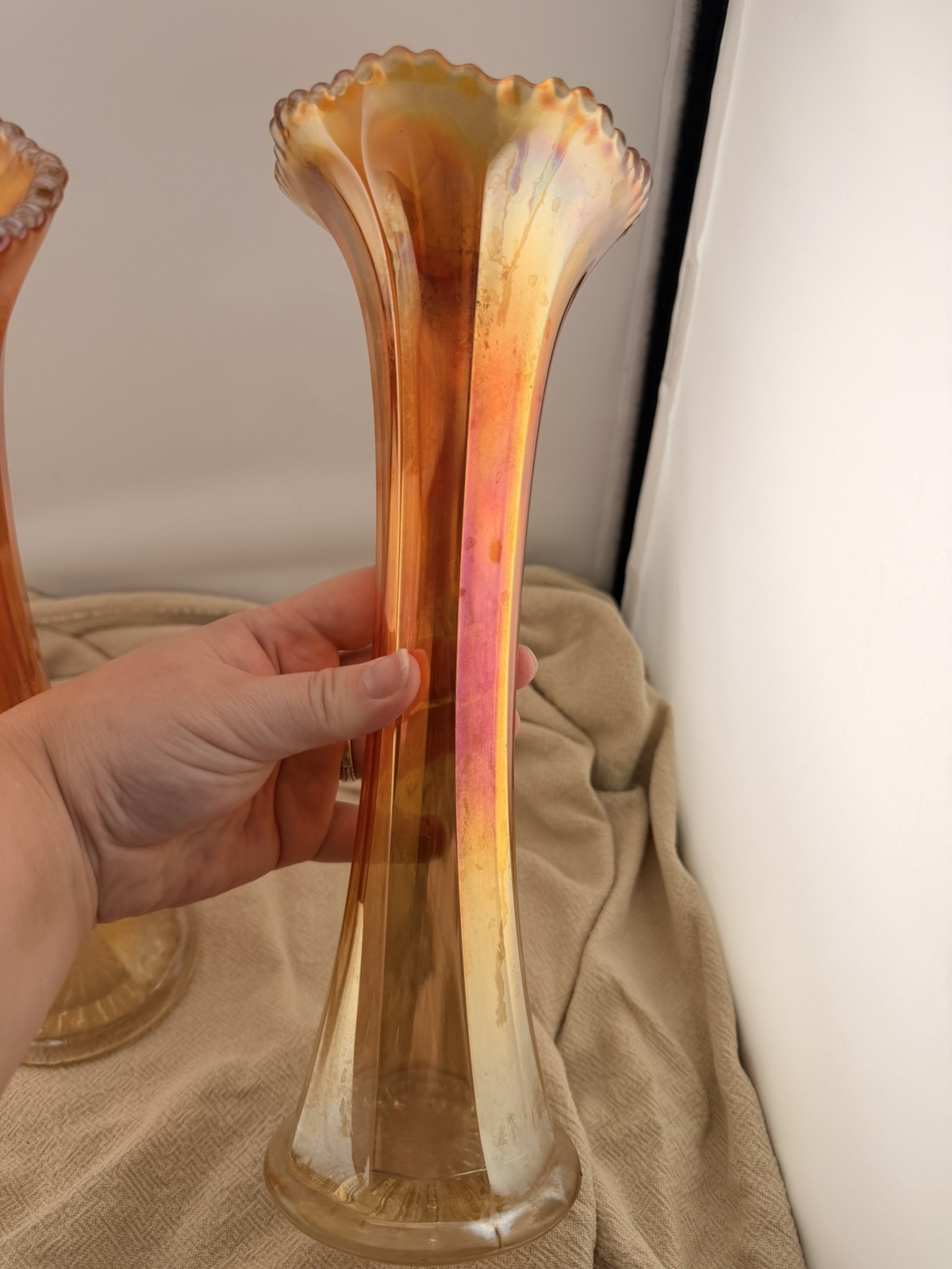 Pair Vintage Marigold Carnival Glass Trumpet Vases Ruffled Iridescent 12 In