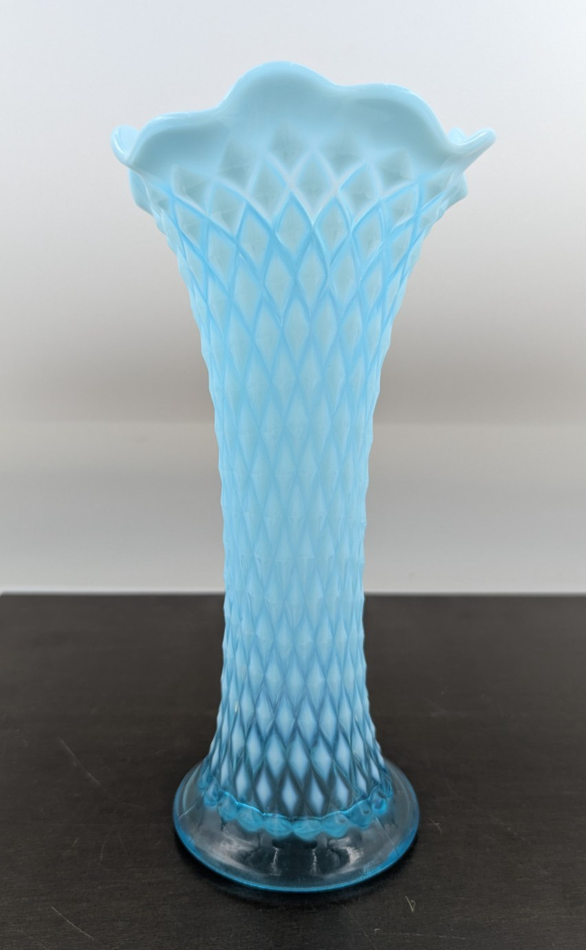 Antique Northwood Diamond Point Aqua Blue Opalescent Swung Stretch Vase Marked N