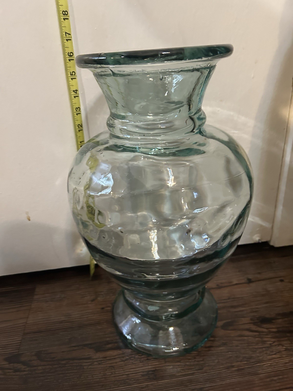Large aqua green art glass vase with pedestal base, likely Italian.