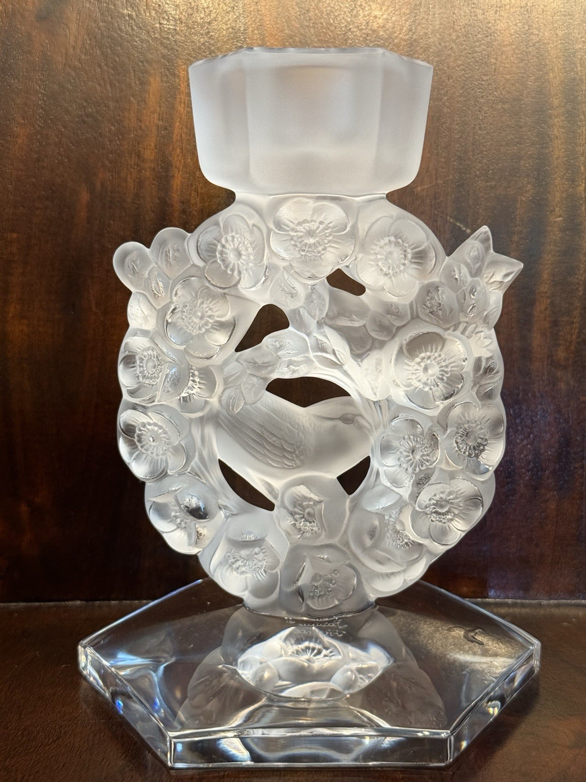LALIQUE MESANGES FROSTED CRYSTAL CANDLEHOLDER BIRDS AMONG FLOWERS w/Bobeche