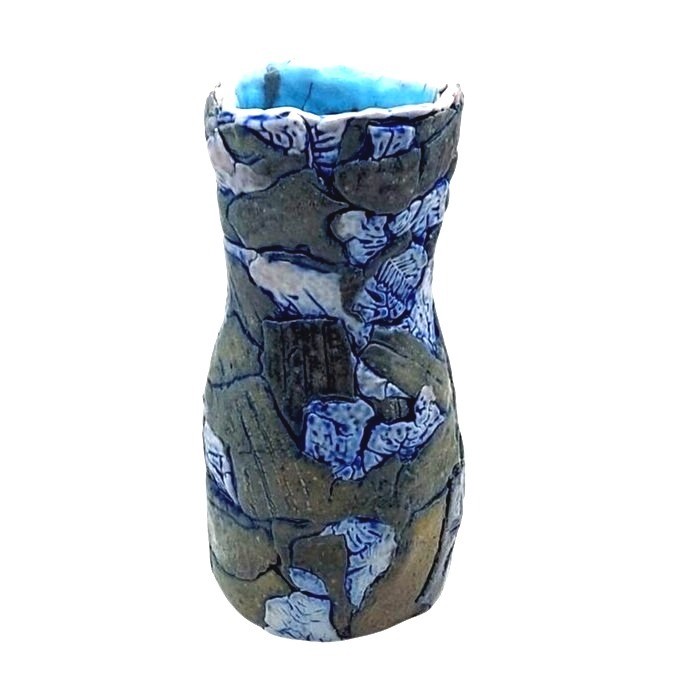 Patchwork Folk Art Pottery Vase Hand Thrown Textured Stoneware Vintage Rustic