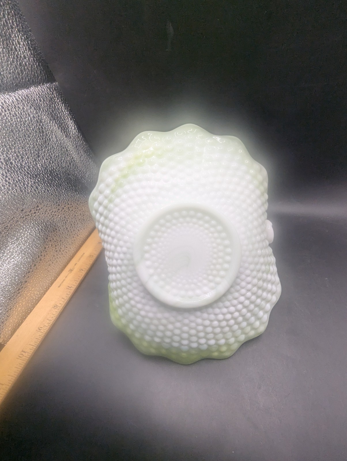 VINTAGE KANAWHA GREEN & WHITE MARBLED SLAG GLASS BASKET WITH HOBNAIL BASE